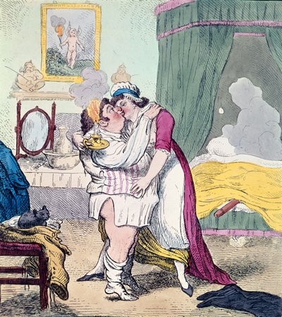 Karikatur, die die Beziehung von Charles James Fox und Elizabeth Armistead satirisiert (handkolorierte Gravur) von English School